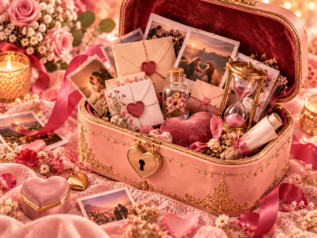 Caixa rosa de memórias, fotografias, cartas e ampulheta