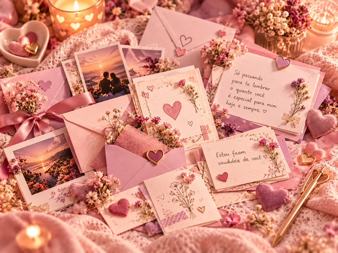Cartinhas românticas com envelopes e fotografias